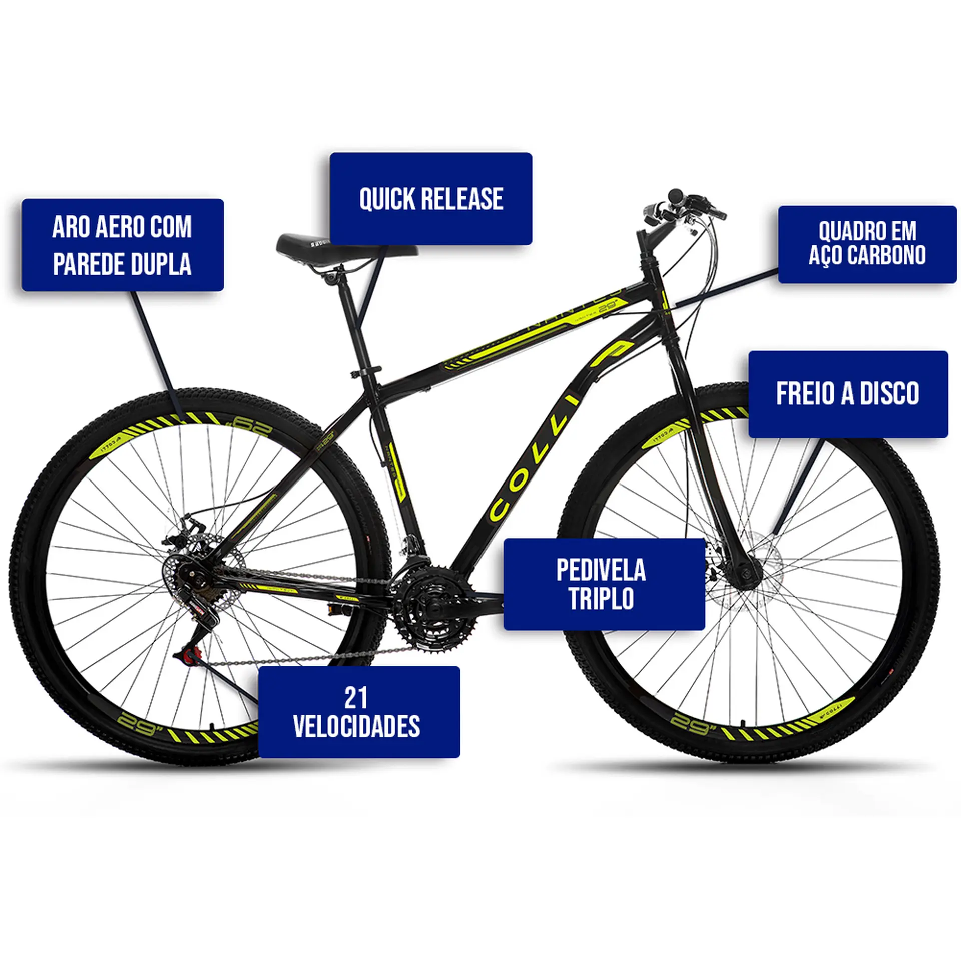 Bicicleta Aro 29 Colli Nantes 21 Marchas Freio a Disco - Pto/Amarelo