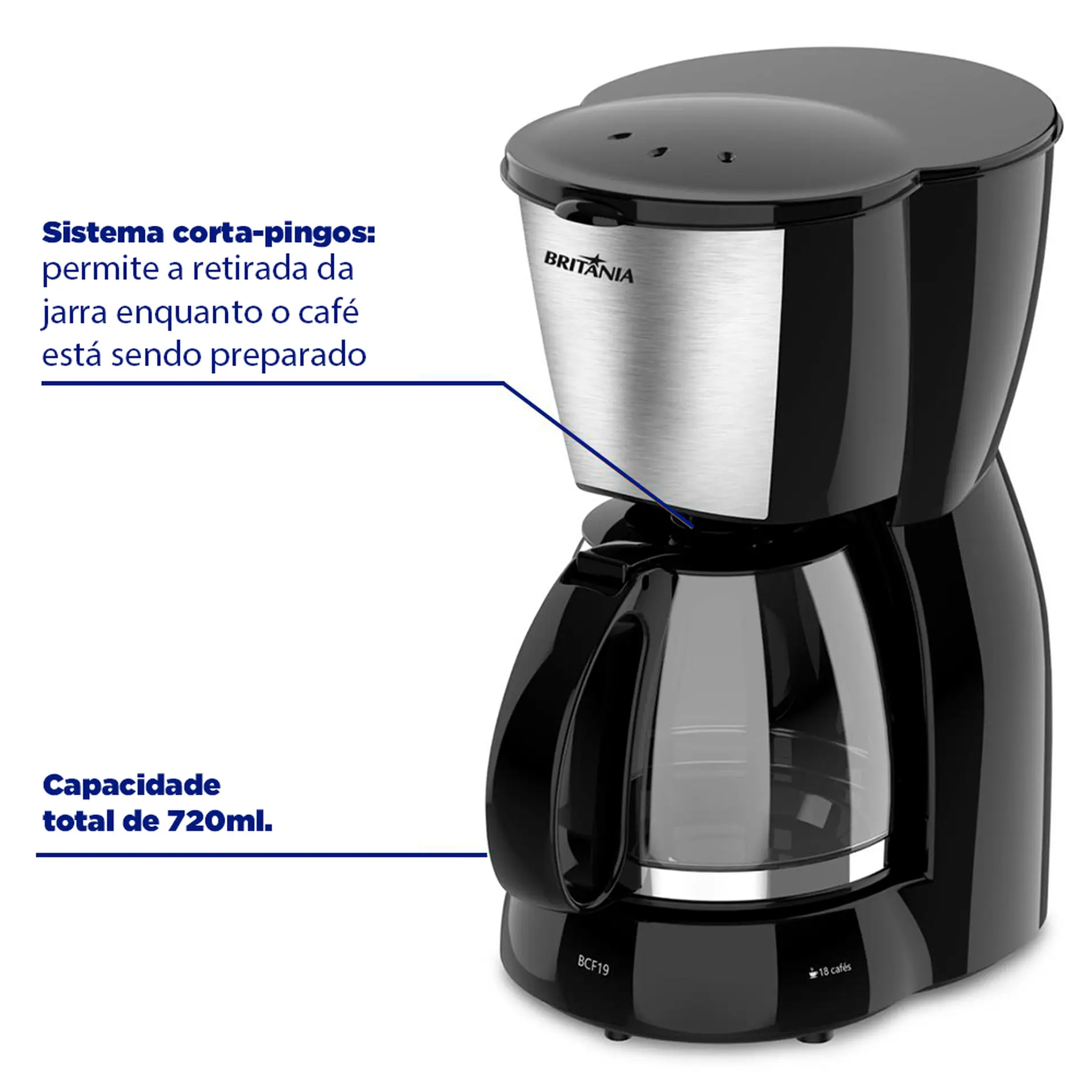 Cafeteria Elétrica Britânia BCF19 18 Xícaras Jarra de Vidro - 110 Volts