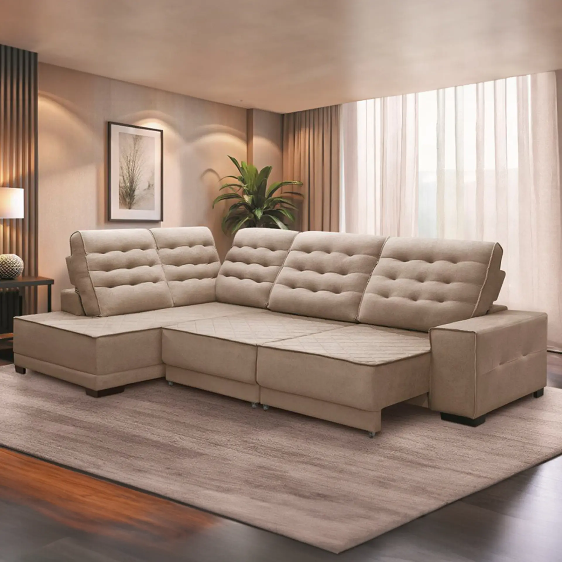 Sofá de Canto Retrátil e Reclinável Suede Veludo Vicenzo Jandaia - Boucle Capuccino