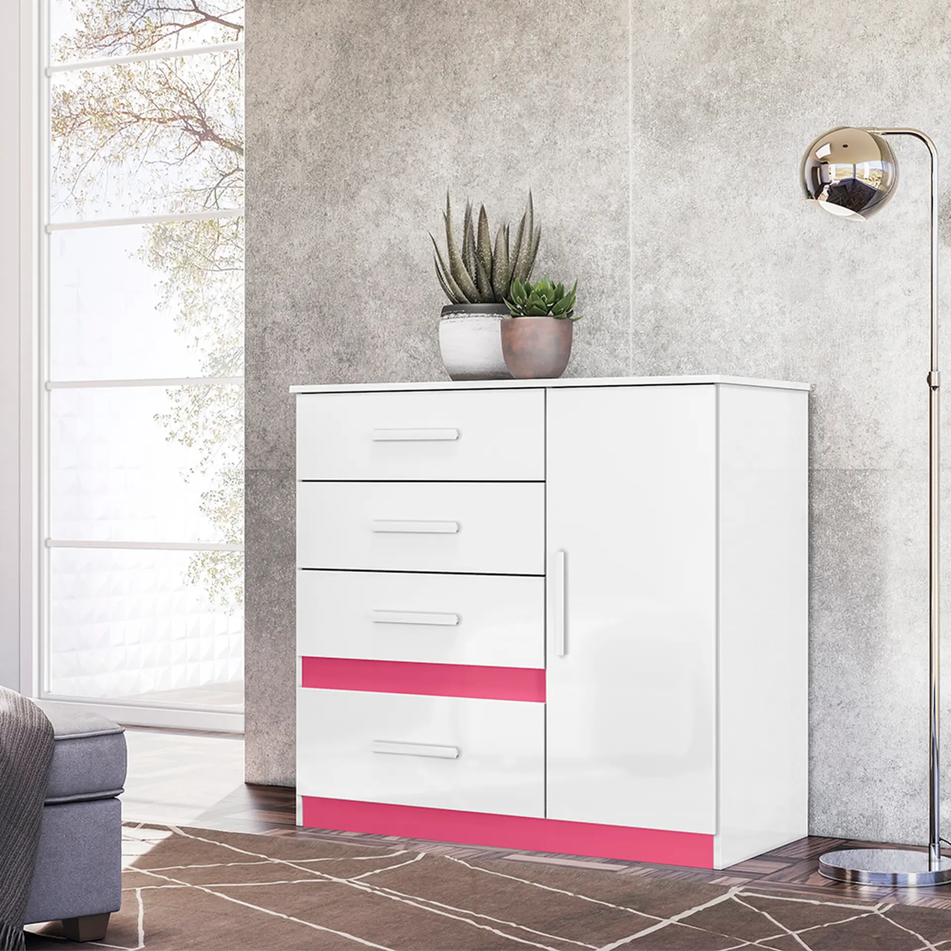 Cômoda 1 Porta Bater 4 Gavetas com Corrediças Metálicas Vênus Moval - Br/Azul/Rosa/Lilas