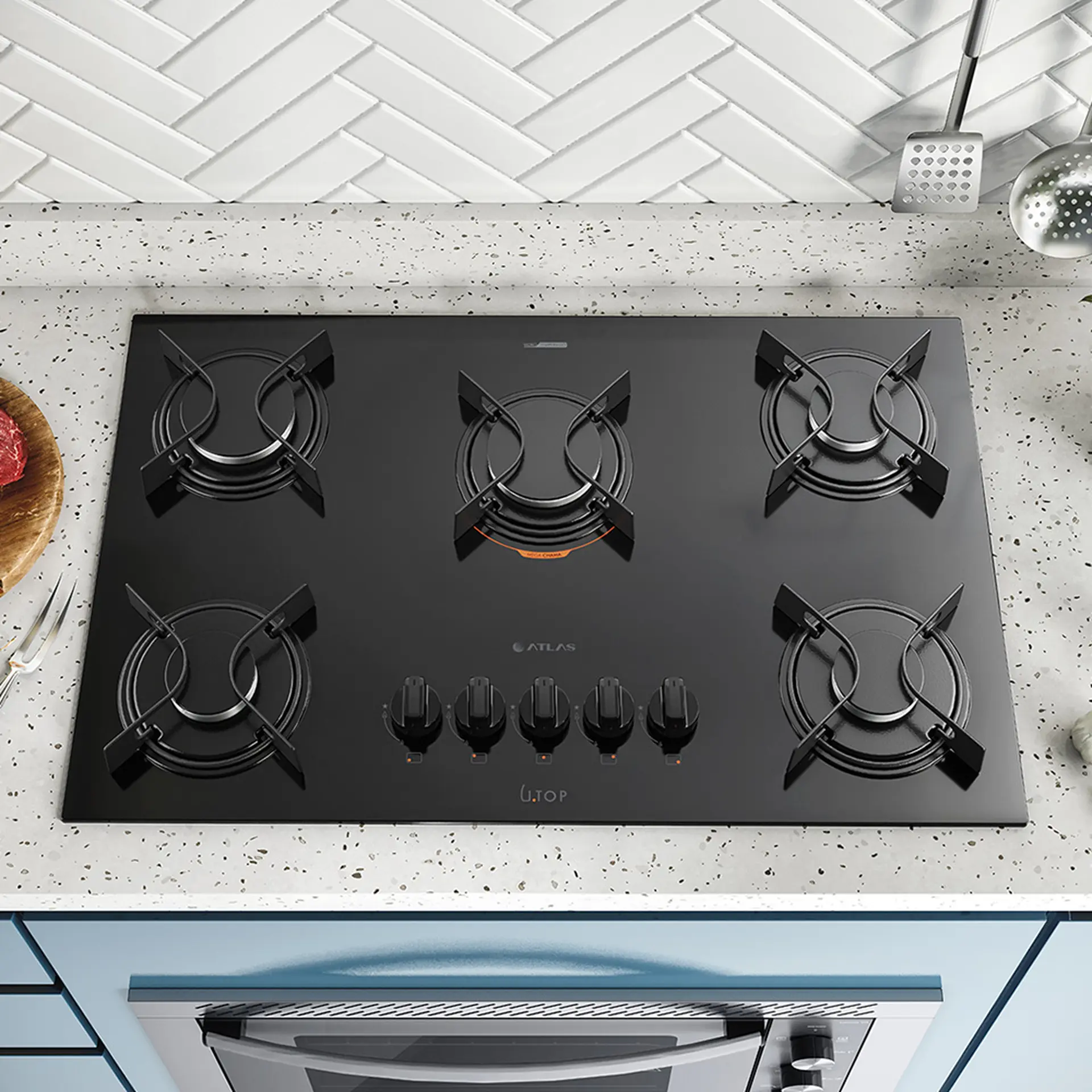 Cooktop Atlas Utop 5 Bocas Superautomático Mesa de Vidro Mega Chama - Preto - Bivolt