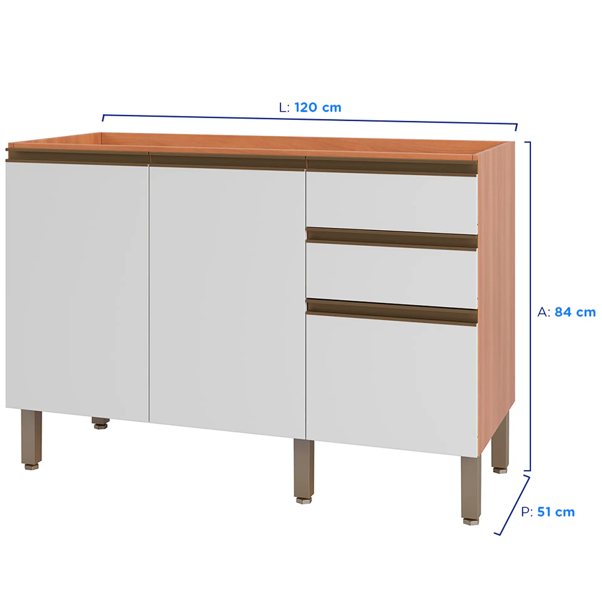 Balcão sem Tampo 2 Portas 3 Gavetas 120cm Macadâmia Telasul - Freijo/Branco
