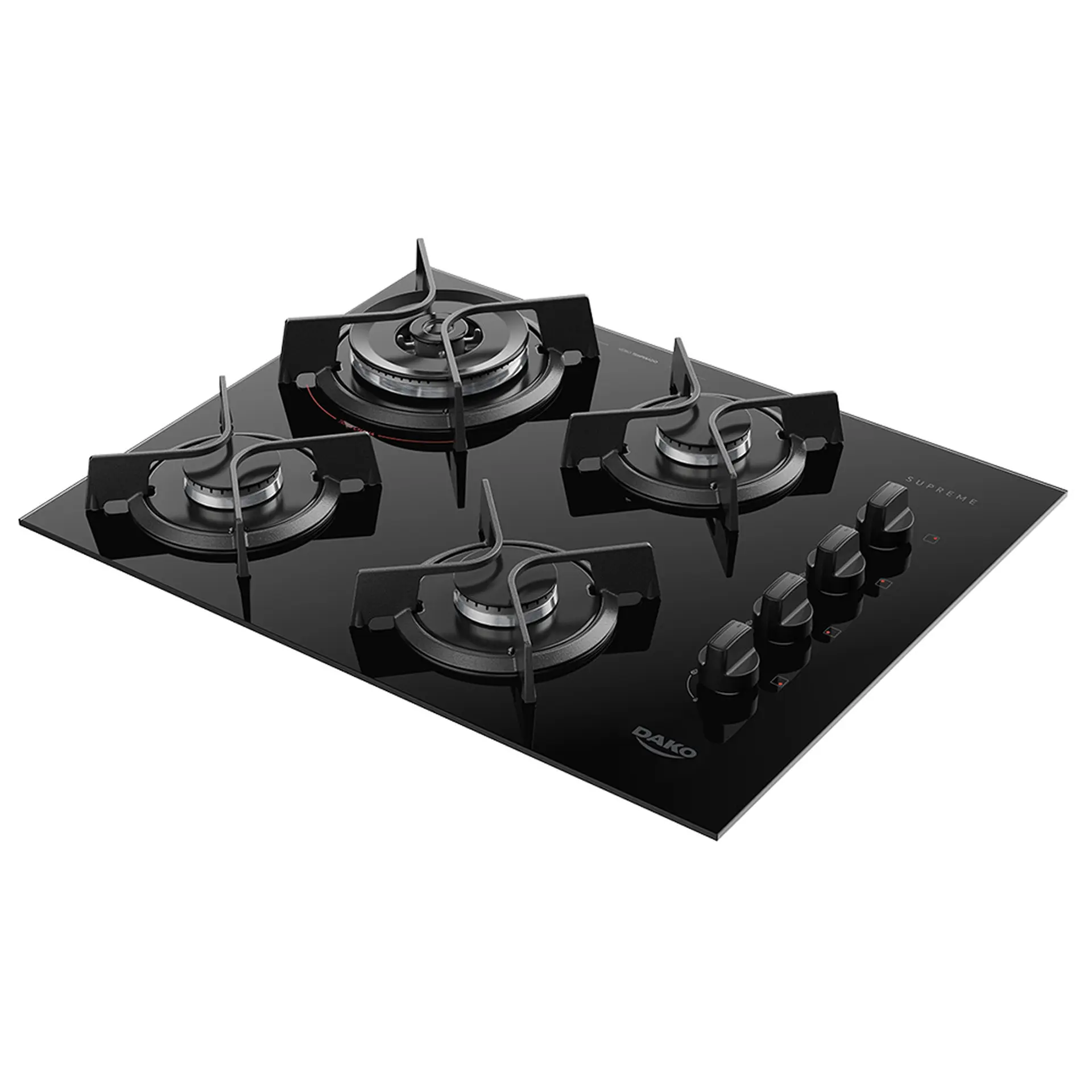 Cooktop a Gás Dako Supreme 4 Bocas Mesa em Vidro Trempes em Ferro Fundido - Preto - Bivolt