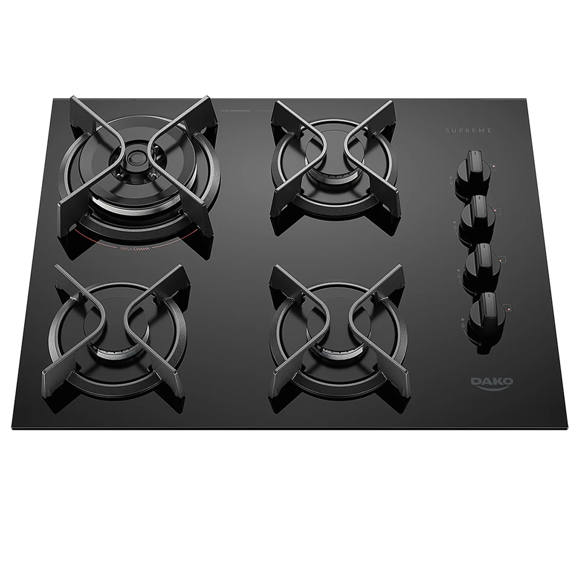 Cooktop a Gás Dako Supreme 4 Bocas Mesa em Vidro Trempes em Ferro Fundido - Preto - Bivolt