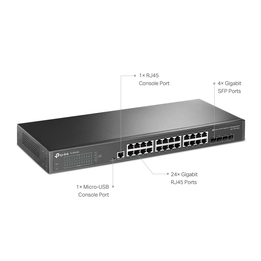Switch Gerenciável L2+ Tp-Link SG3428BR 24 Portas 10/100/1000 Mbps 4 Portas SFP 1 Porta Console RJ45 JetStream Omada