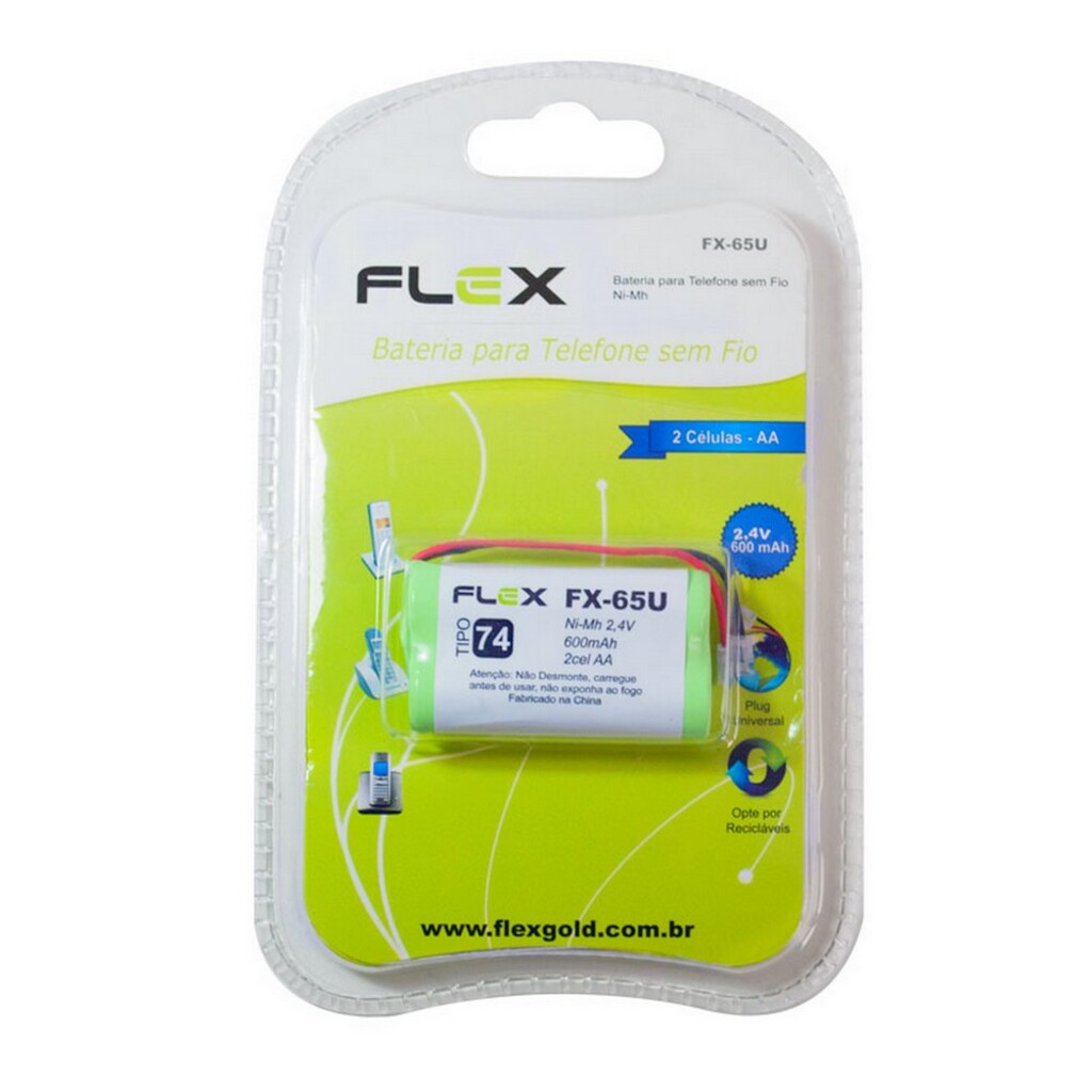 Bateria para Telefone sem Fio 600mAh 2,4V 2AA Flex Plug Universal Tipo 74 - FX-65U