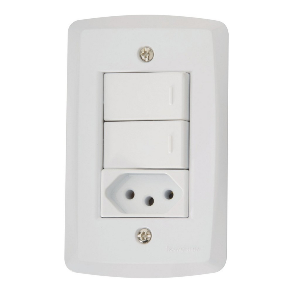Interruptor 2 Simples 10A Tramontina Lux2 57145/071 com 1 Tomada 20A + Espelho 4x2 Branco