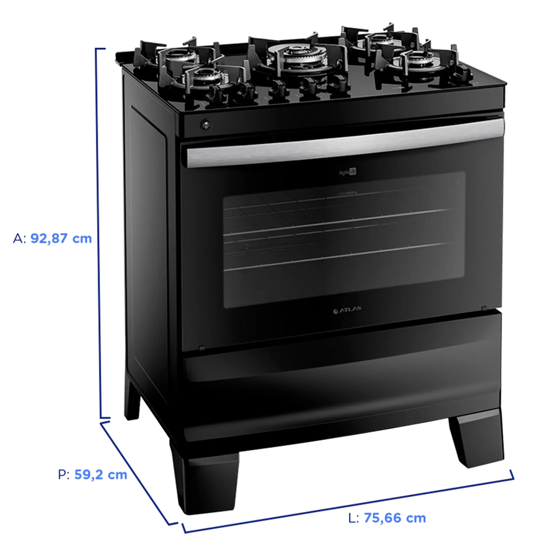 Fogão Atlas 5 Bocas Agile Glass Automático Mesa de Vidro Forno 86,5L - Preto - Bivolt