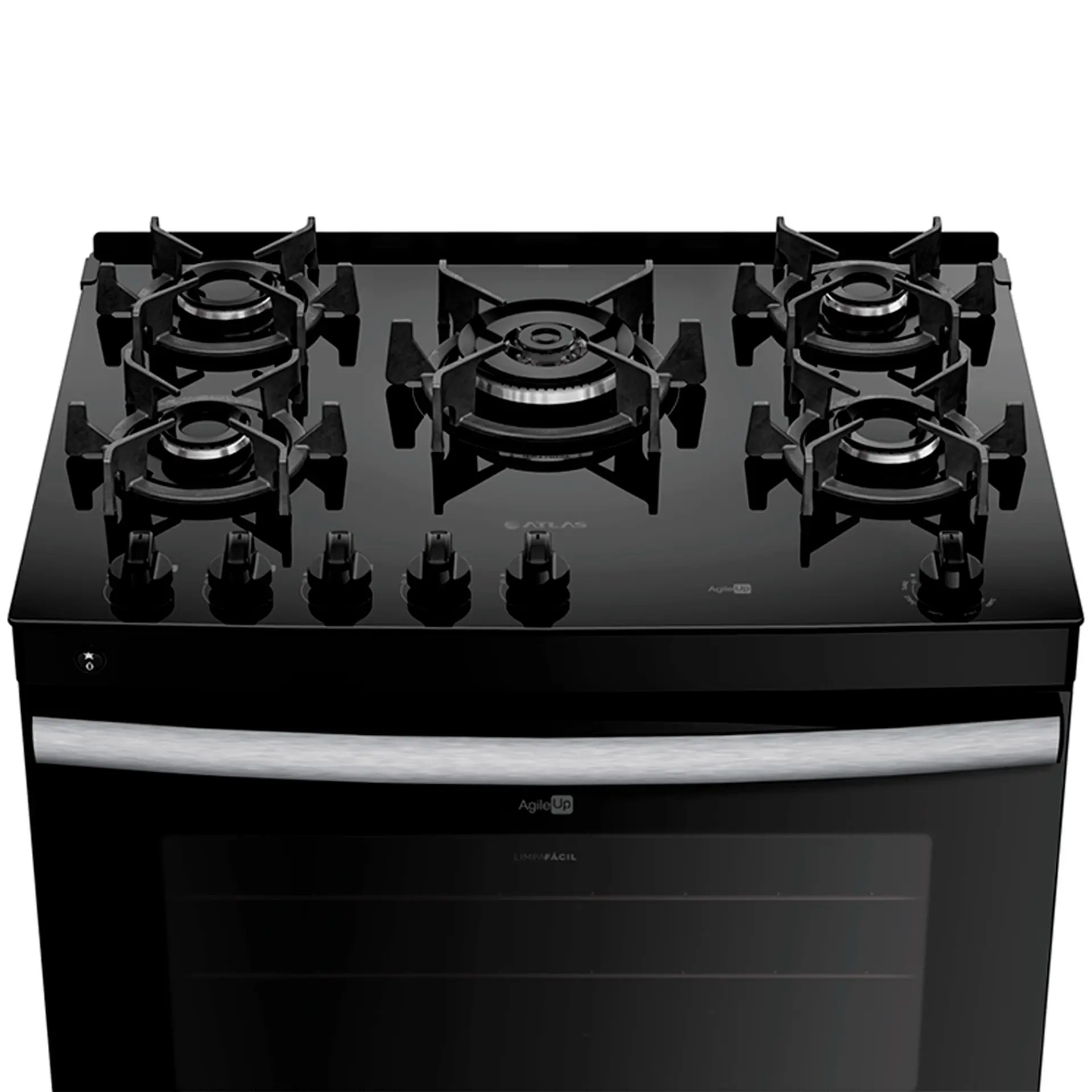 Fogão Atlas 5 Bocas Agile Glass Automático Mesa de Vidro Forno 86,5L - Preto - Bivolt