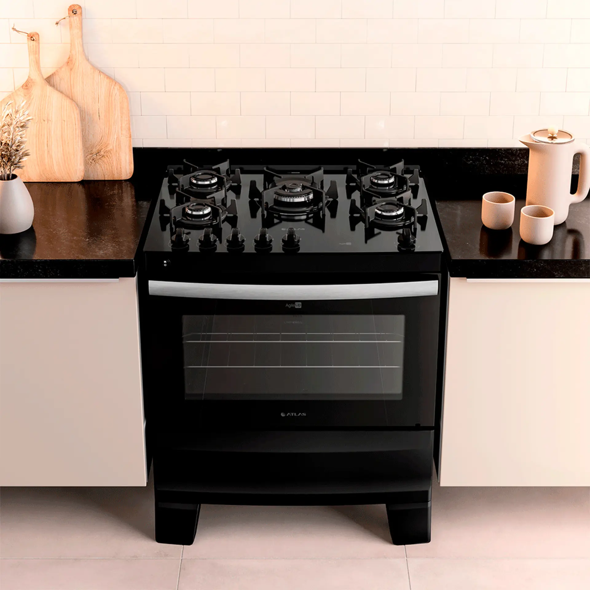 Fogão Atlas 5 Bocas Agile Glass Automático Mesa de Vidro Forno 86,5L - Preto - Bivolt