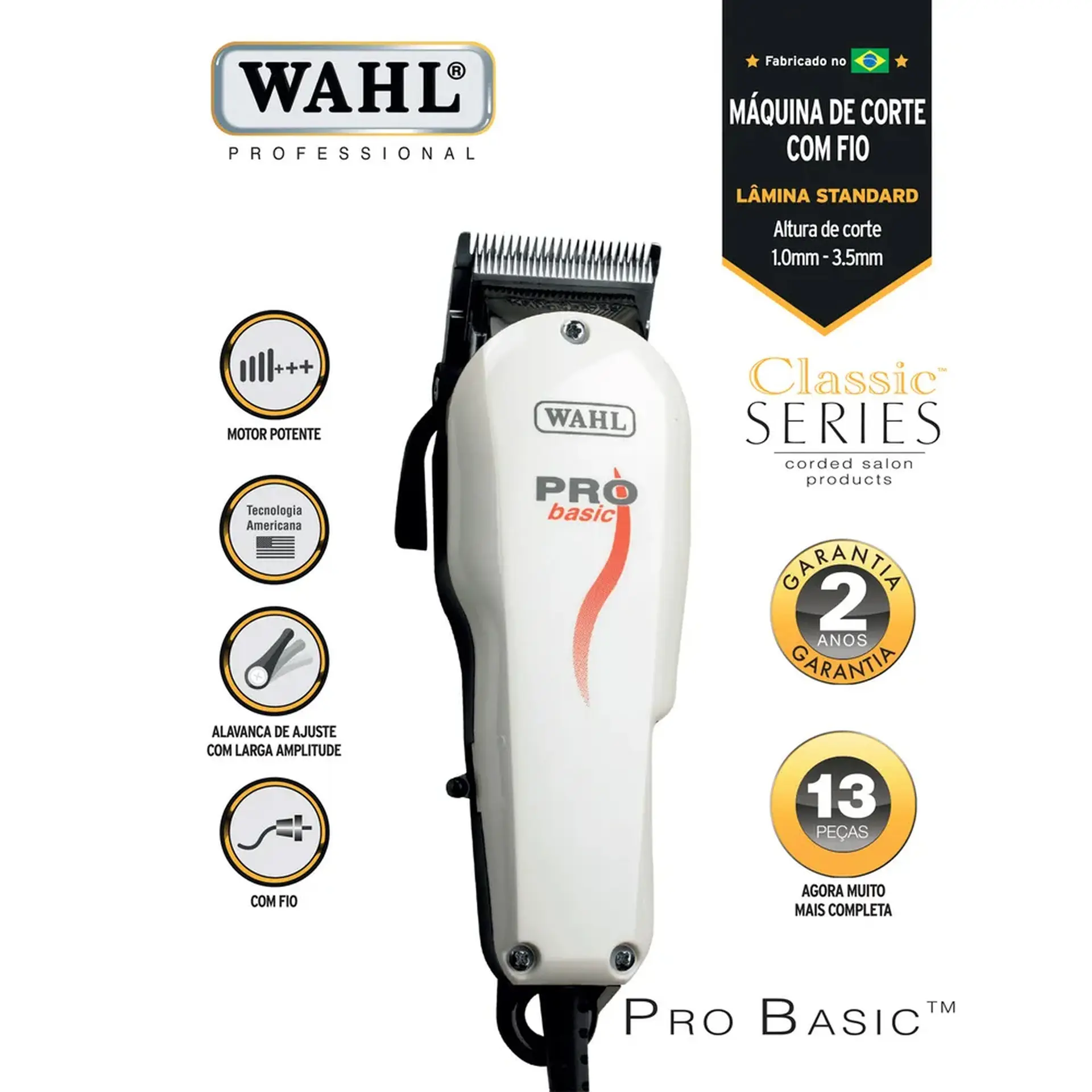 Máquina de Cortar Cabelo Whal Pro Basic 8 Pentes - Branco - 110 Volts