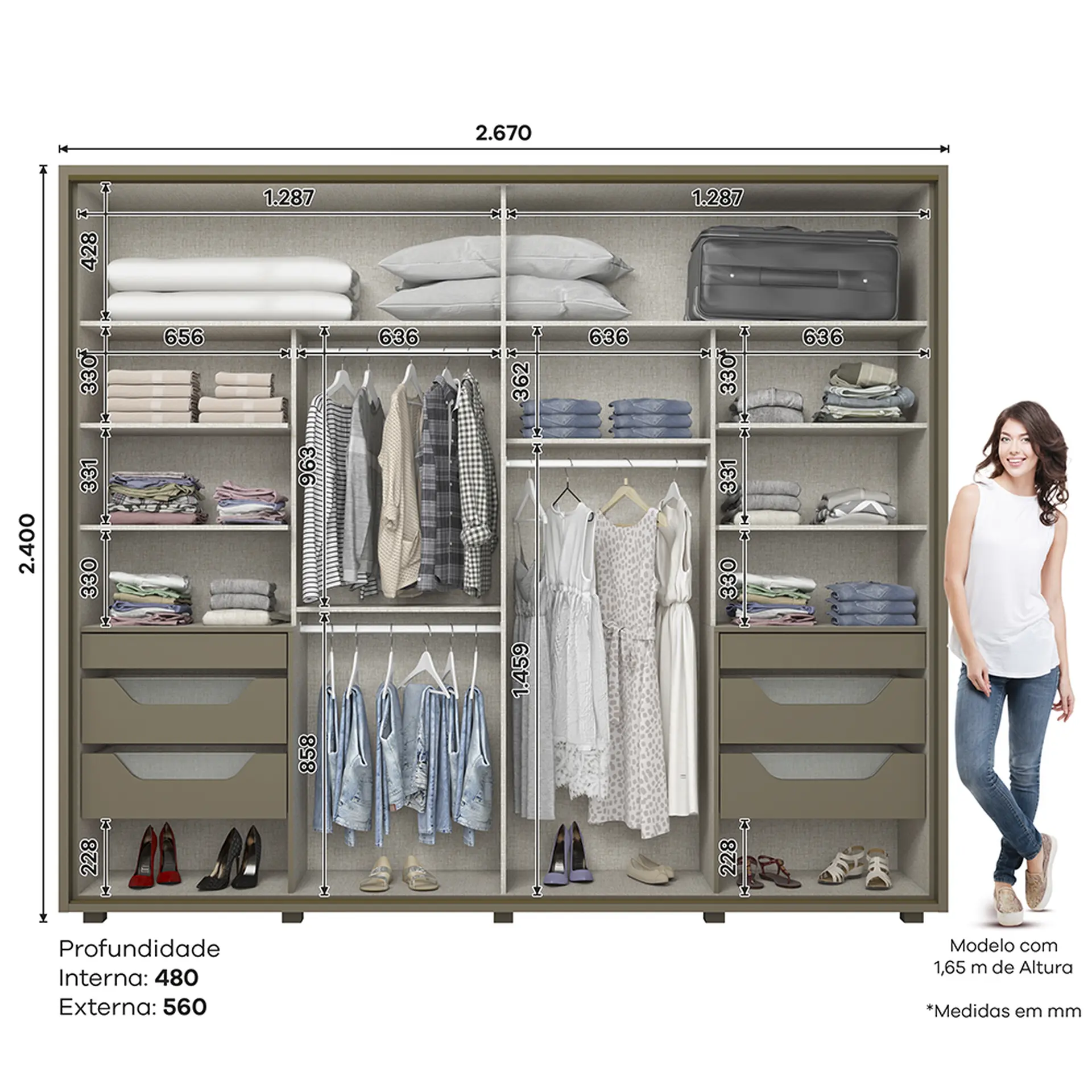 Guarda-Roupa Casal 2 Portas Correr 6 Gavetas Cavic Henn Roupeiro - Duna/Off White