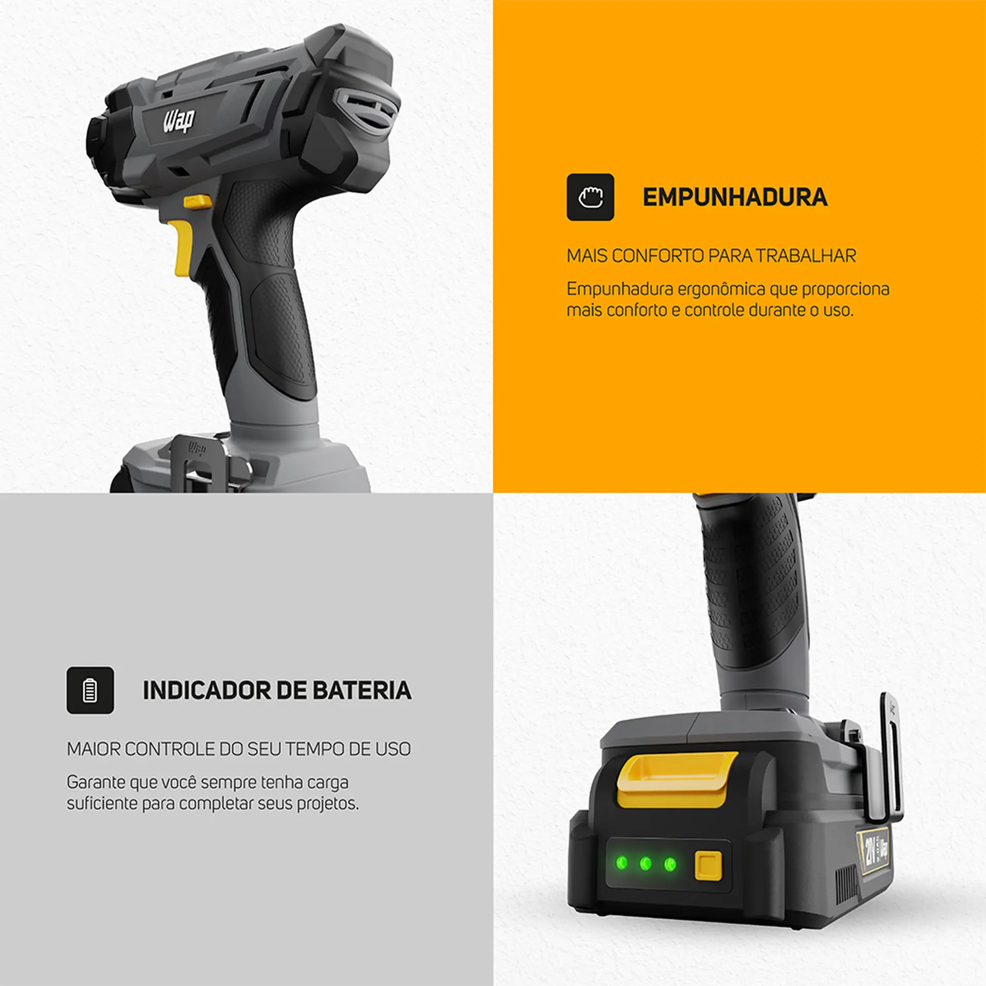 Chave de impacto Wap 1/2 21V a Bateria CH01 - Cinza/Amarelo - Bivolt