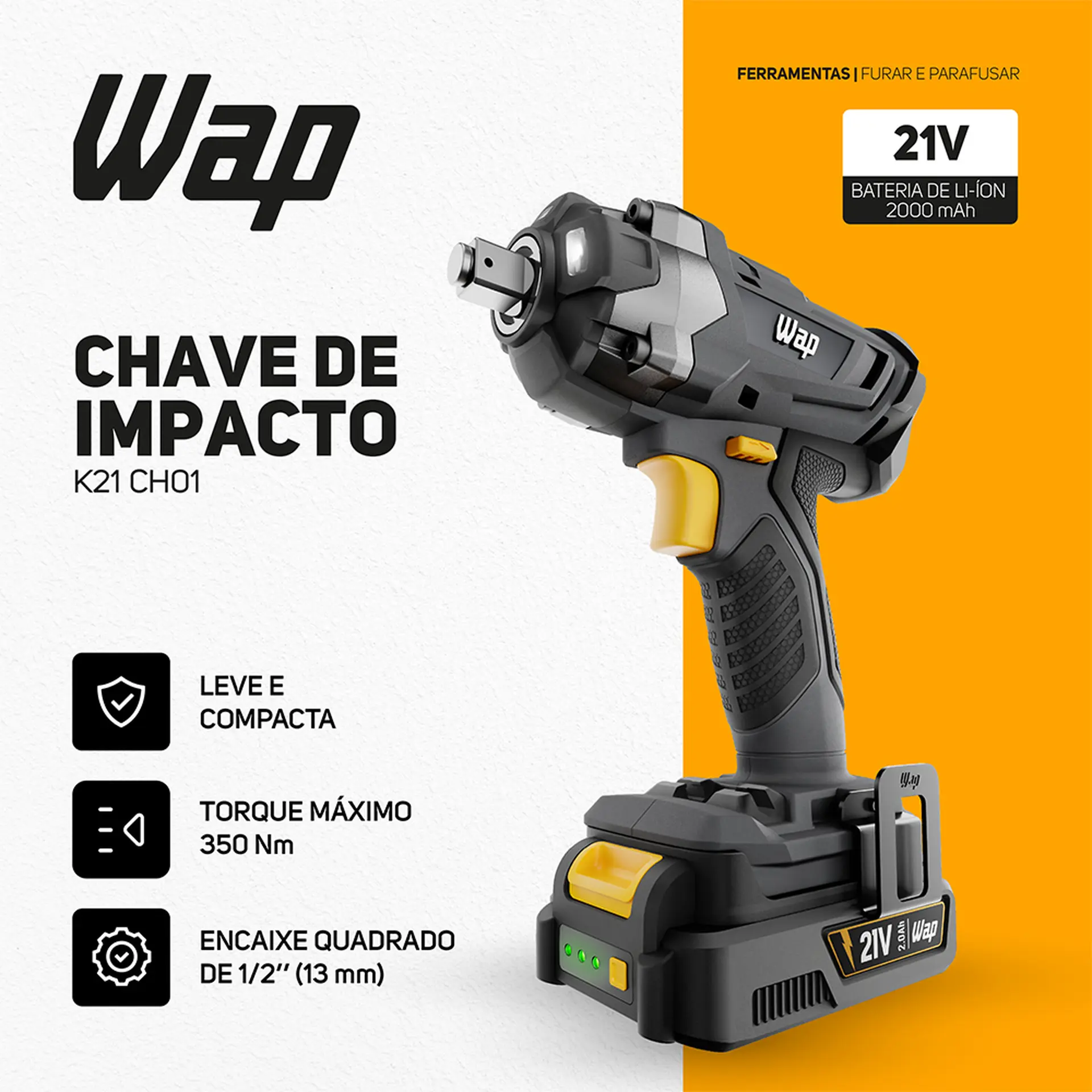 Chave de impacto Wap 1/2 21V a Bateria CH01 - Cinza/Amarelo - Bivolt