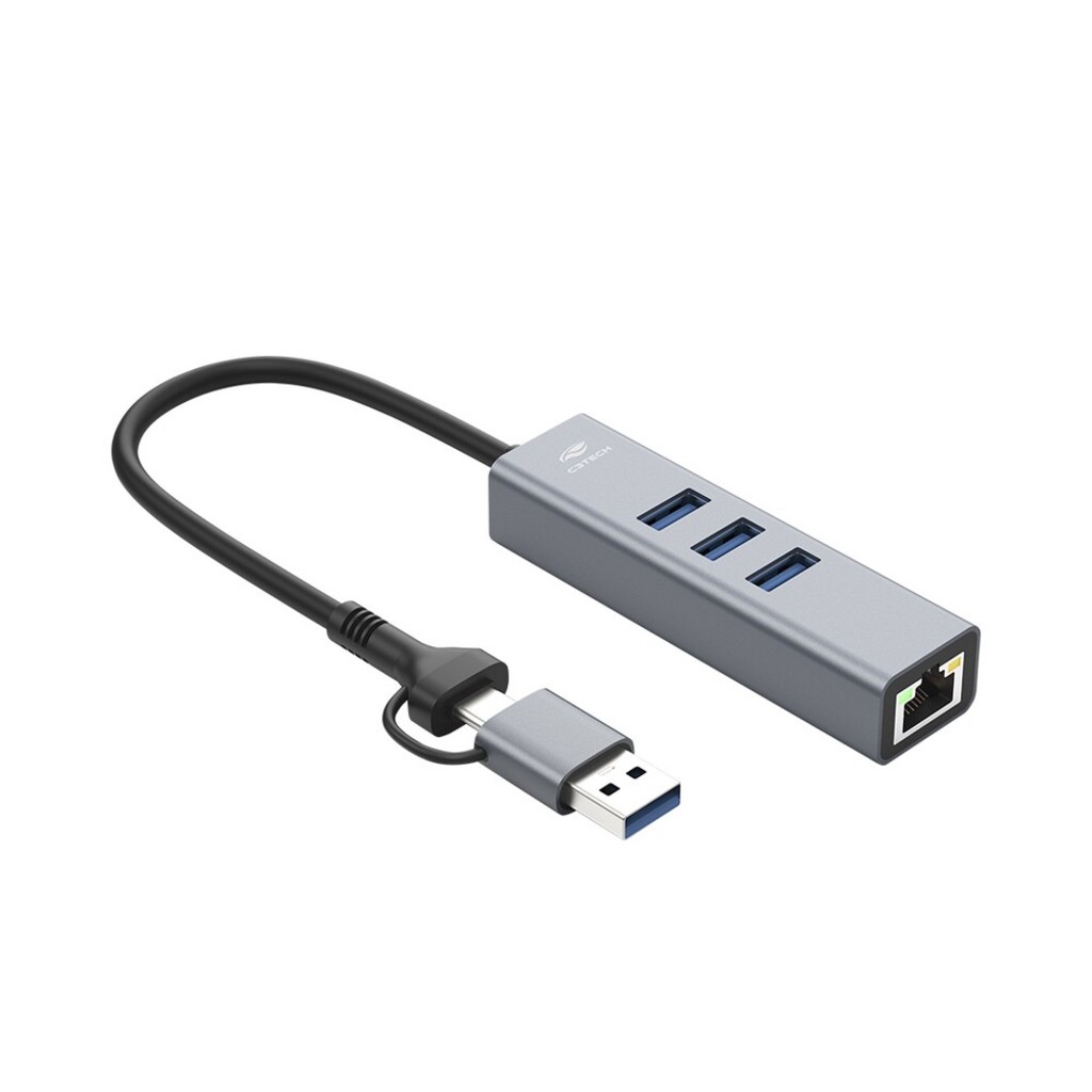 Hub Type-C 3.0 4 Portas com RJ-45 e Adaptador Usb C3tech Prata - HU-LAN1000GY