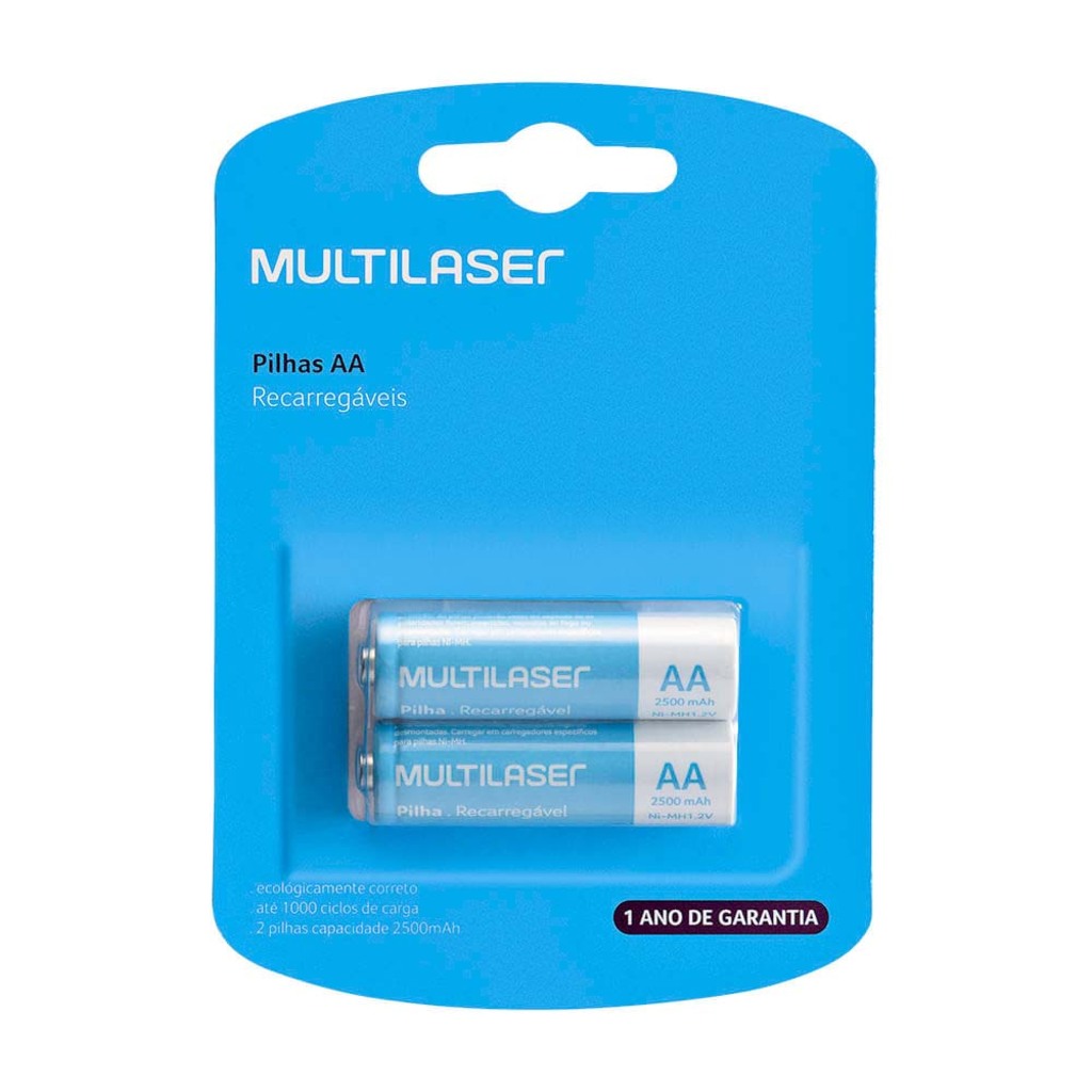 Pilha Recarregável AA 2500MAH Multilaser - CB053 - Blister com 2 Pilhas