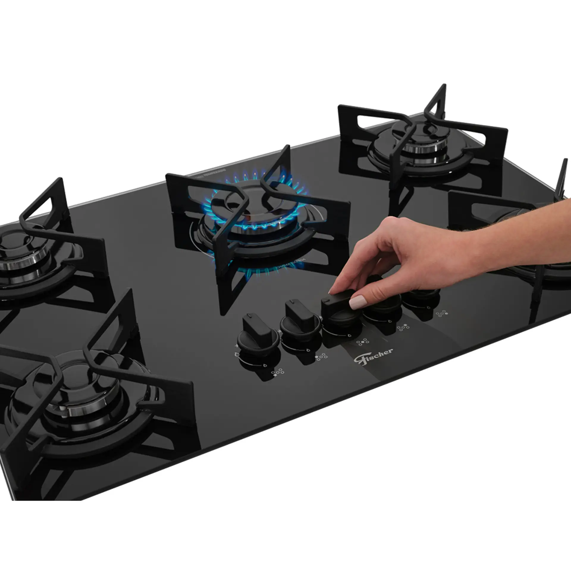 Cooktop a Gás Fischer Fit Line Iron 5 Bocas Superautomático Mesa de Vidro - Preto - Bivolt
