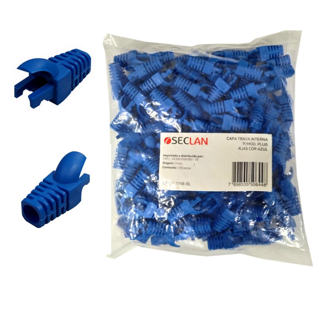 Capa para Conector RJ45 Macho com Trava Seccon SecLan Azul - CY-DY-1748-BL - Pacote Com 100 Unidades