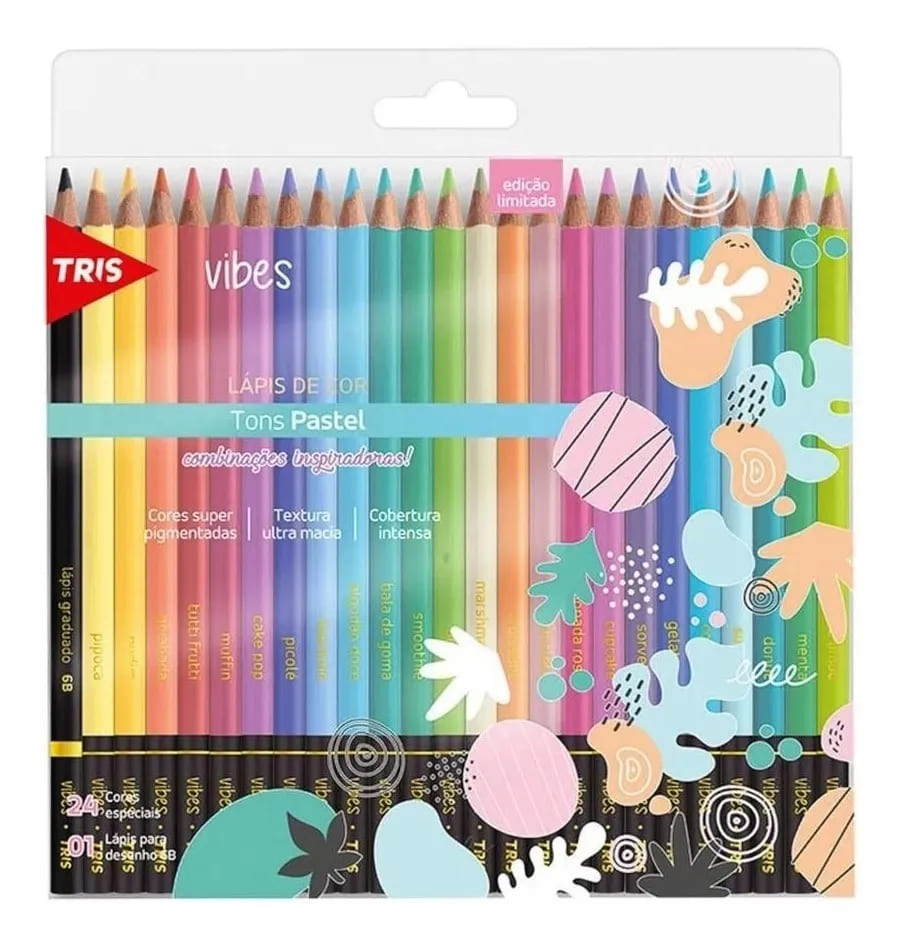 Lápis de Cor TRIS Grande 24 Cores Mais 1 Lápis 6B Cores Vibes Tons Pastel