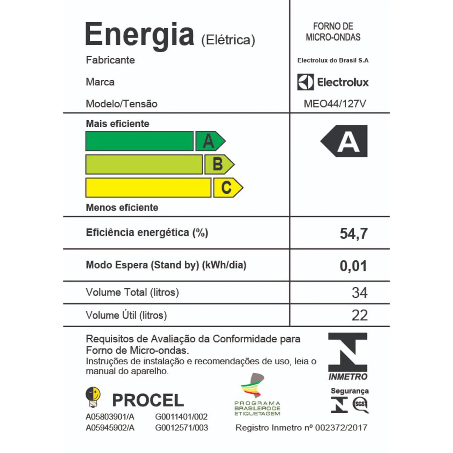 Micro-ondas Bancada Electrolux 34L Função Tira Odor e Manter Aquecido MEO44 - Branco - 110 Volts