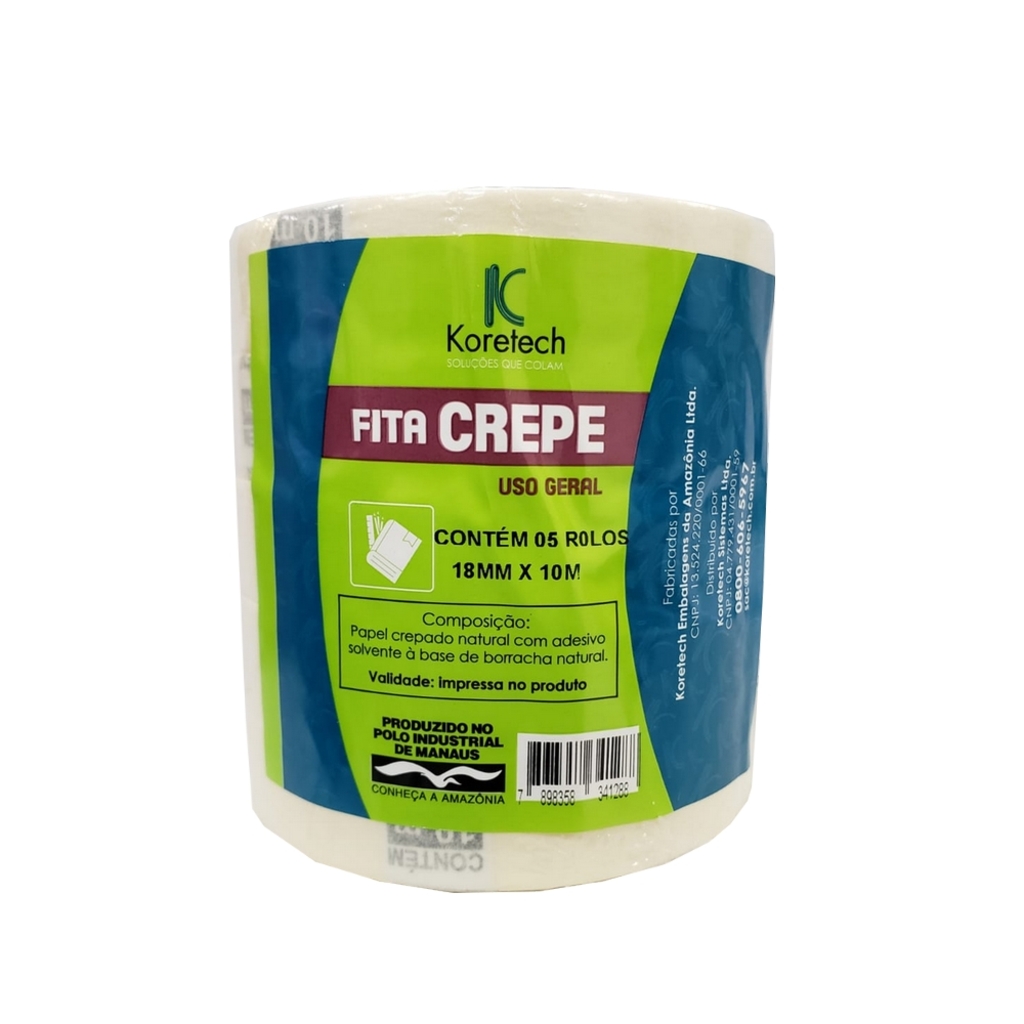 Fita Crepe 18mm x 10 Metros Branco Koretech - Pacote com 5 Unidades - 31.11.4.0022