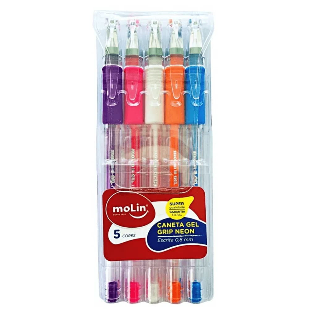 Caneta Esferográfica Molin em Gel 0.8mm 5 Unidades Cores Neon