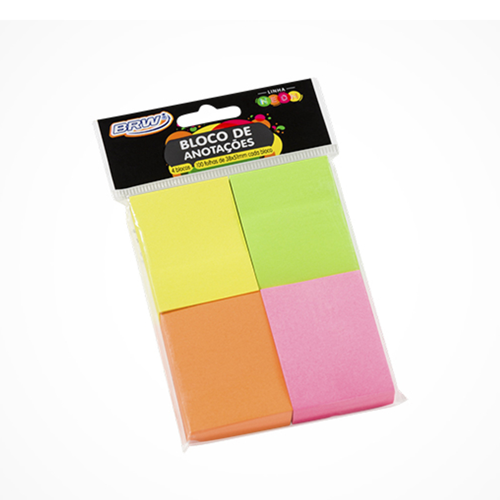 Bloco de Notas Adesivo 38x51mm com 4 Blocos de 100 Folhas 4 Cores Neon - BRW - BA3899