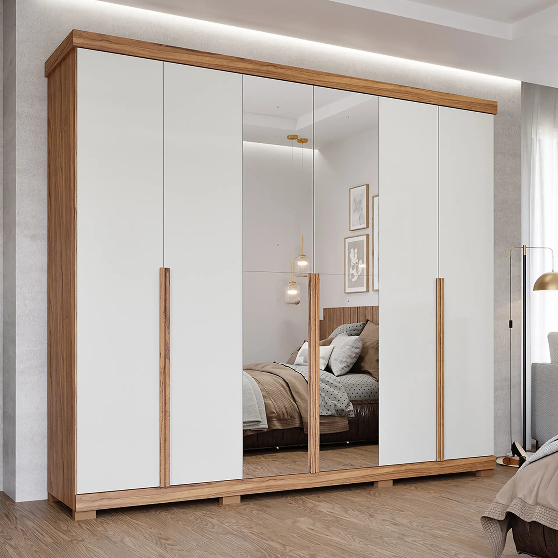 Guarda-Roupa Casal 6 Portas Bater 6 Gavetas MDF Guarapari Panan Roupeiro - Cinamomo/ Off white