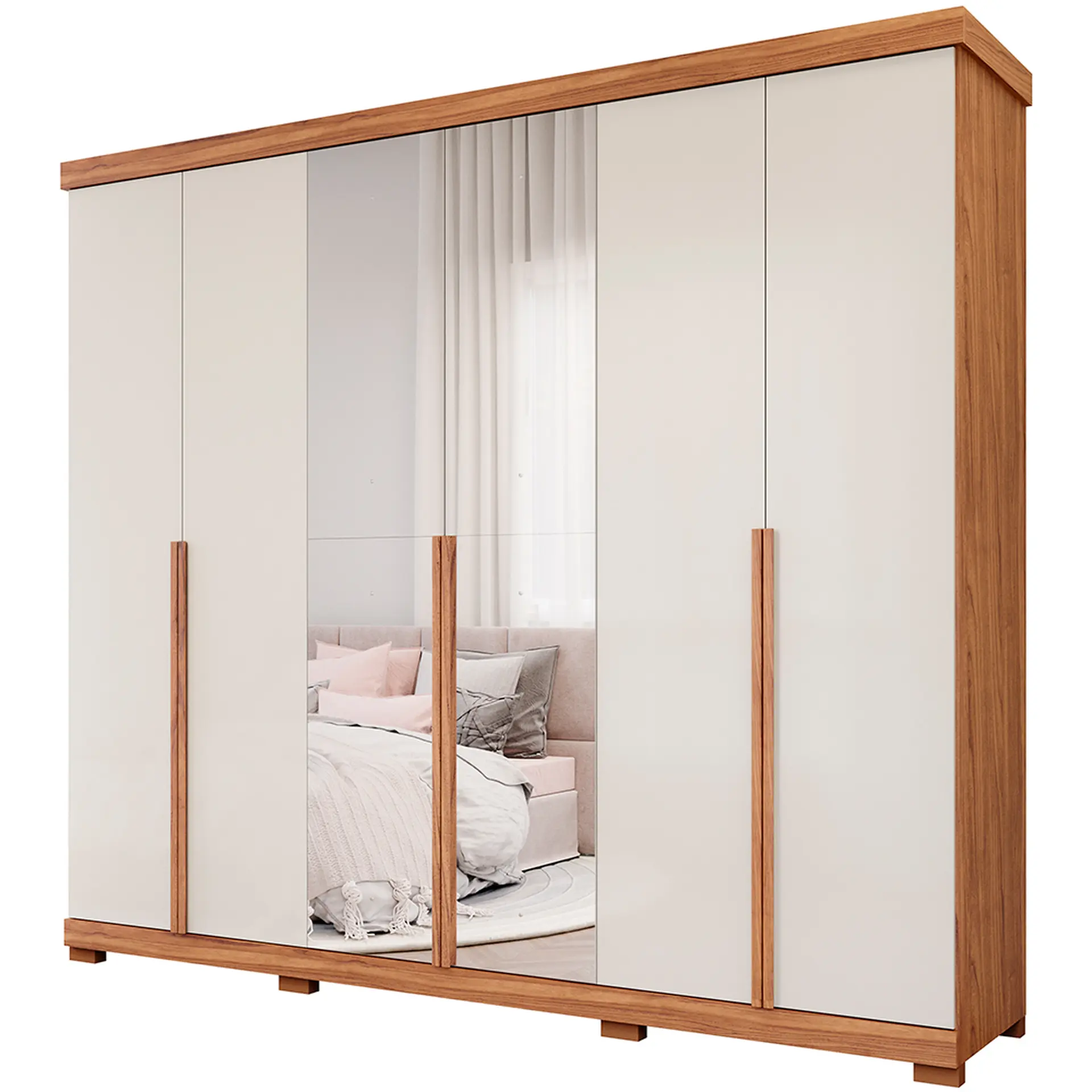 Guarda-Roupa Casal 6 Portas Bater 6 Gavetas MDF Guarapari Panan Roupeiro - Cinamomo/ Off white