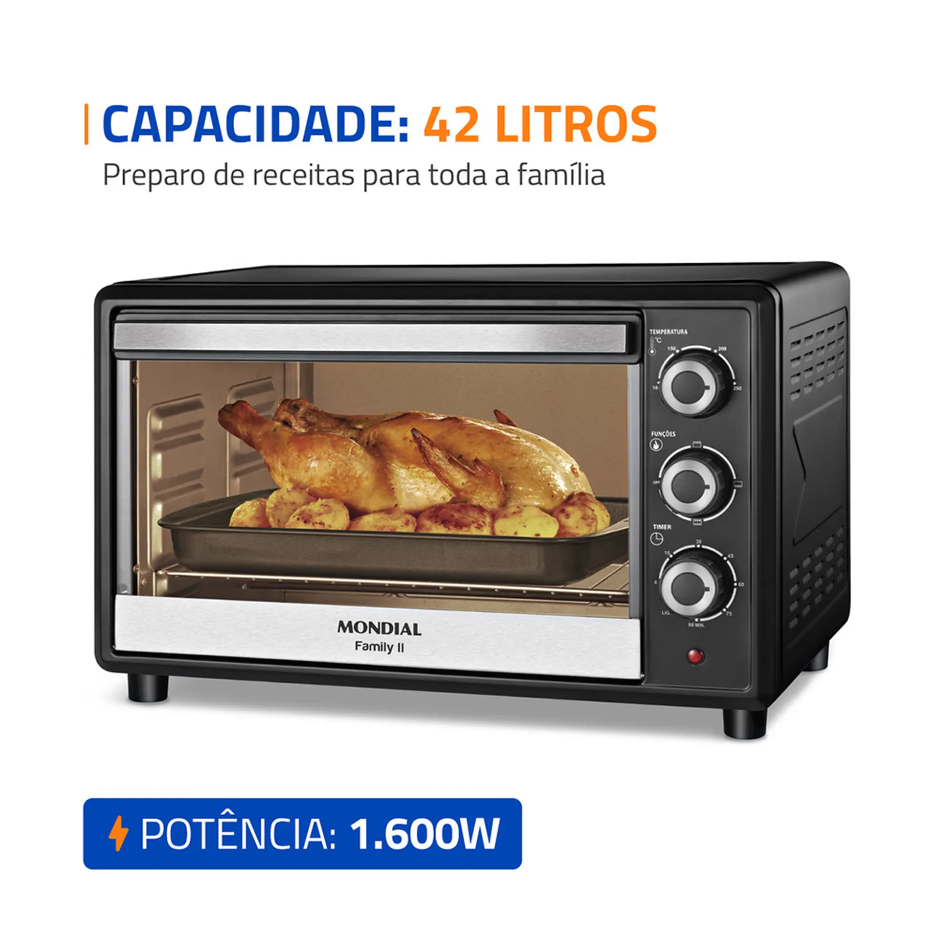 Forno Elétrico de Bancada Mondial Family II 42L 1600W RN-42-B - Preto - 110 Volts
