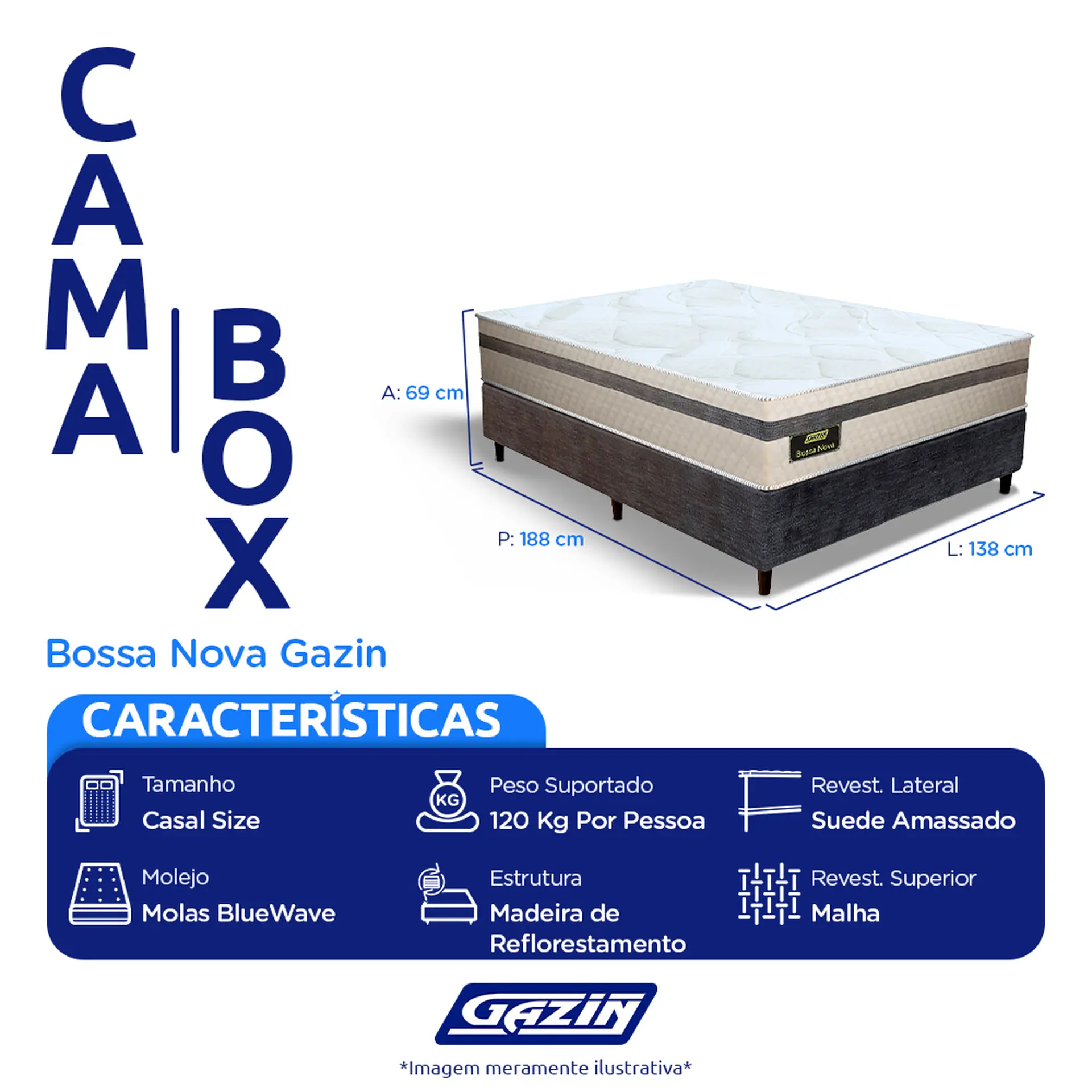Colchão Cama Box Gazin Molas BlueWave Casal Bossa Nova 138x188