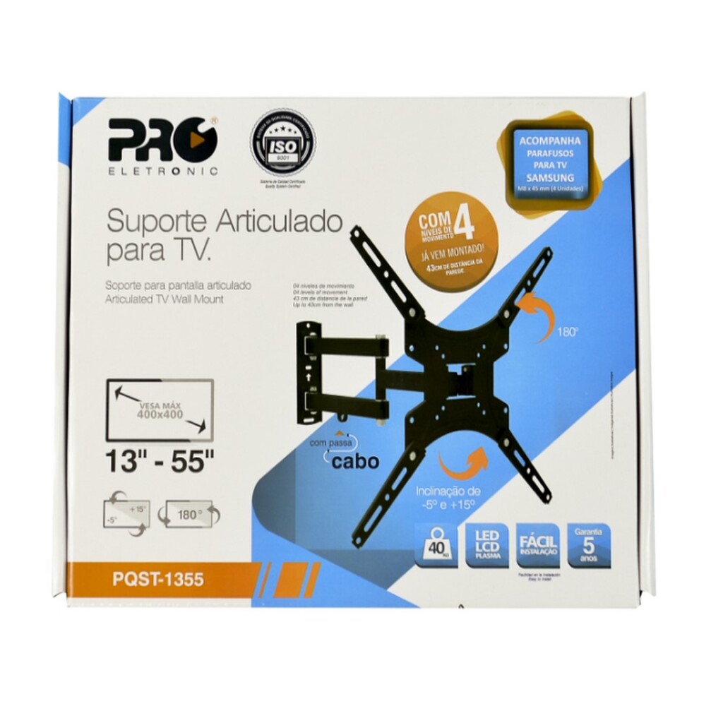 Suporte Tri-Articulado para TV 13 à 55 Polegadas Permite Inclinação e Articulação 4 Movimentos Proeletronic - PQST-1355
