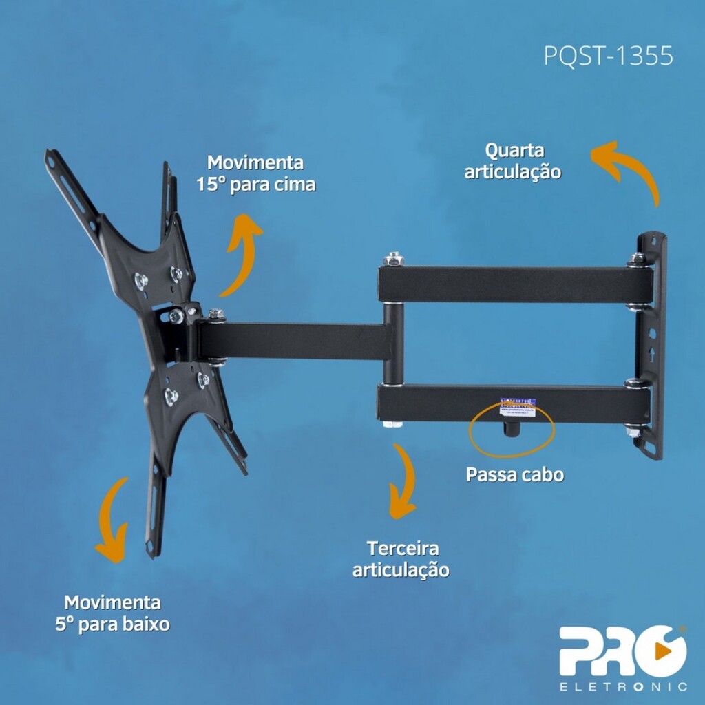 Suporte Tri-Articulado para TV 13 à 55 Polegadas Permite Inclinação e Articulação 4 Movimentos Proeletronic - PQST-1355
