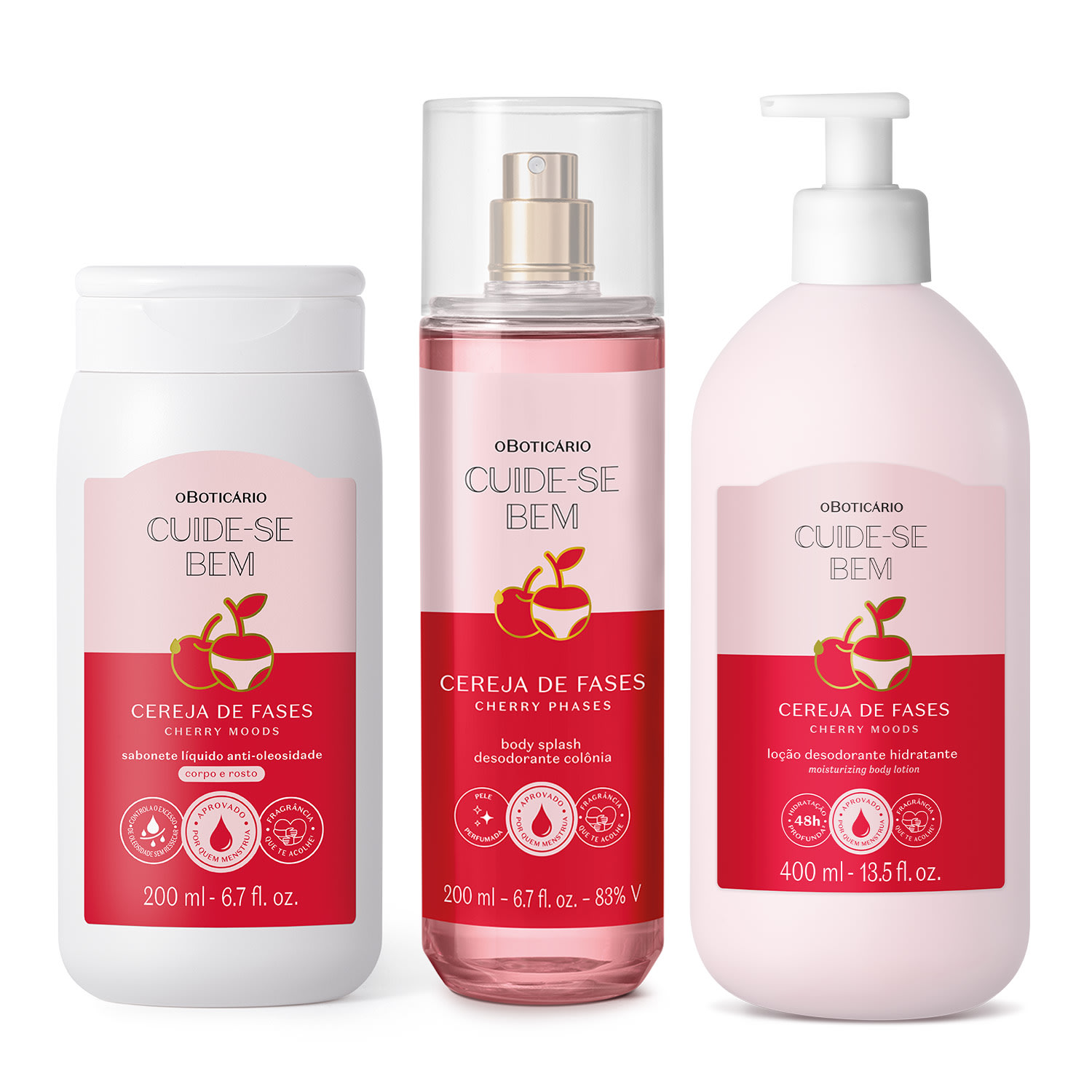 Combo Cuide-se Bem Cereja De Fases: Sabonete Líquido 2 em 1 200ml + Loção Corporal 400ml +Body Splash 200ml
