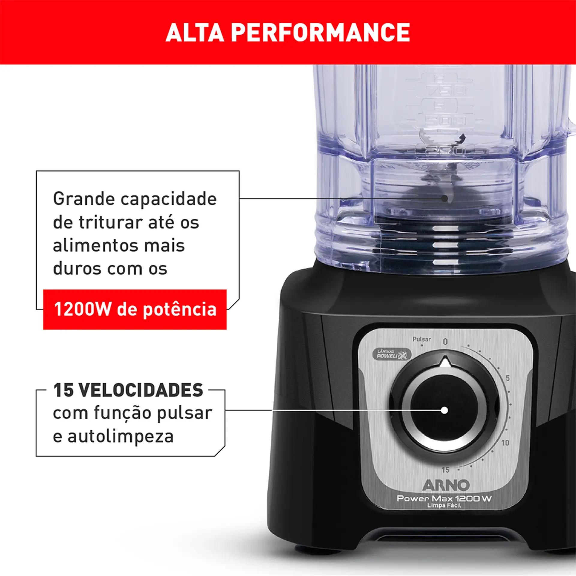 Liquidificador Arno Power Max 3,1L 1200W 15 Velocidades LN78 - Preto - 220 Volts