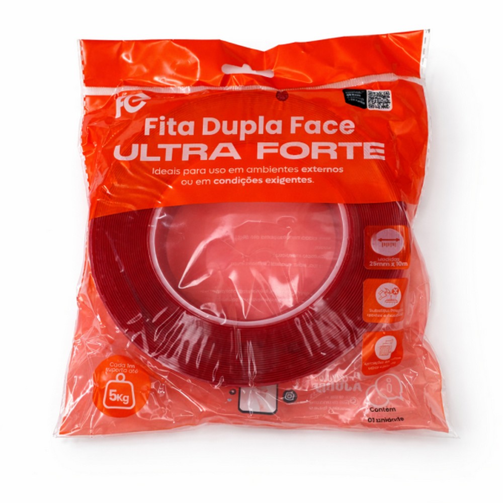 Fita Dupla Face Acrílico 25mm x 10m Unitário Fixa Forte FC Fontes FCFT2510D