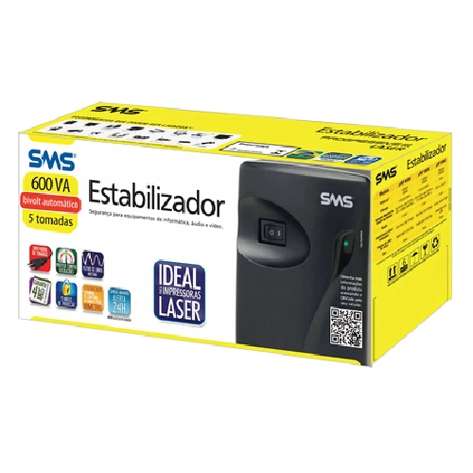 Estabilizador SMS Progressive III 600VA 5 Tomadas Fusível Rearmável 16215 - Preto - Bivolt