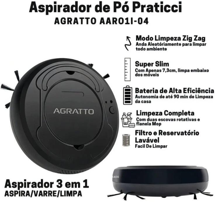 Aspirador de Pó Robô Praticci USB 3W Preto Agratto AAR01I04 13927