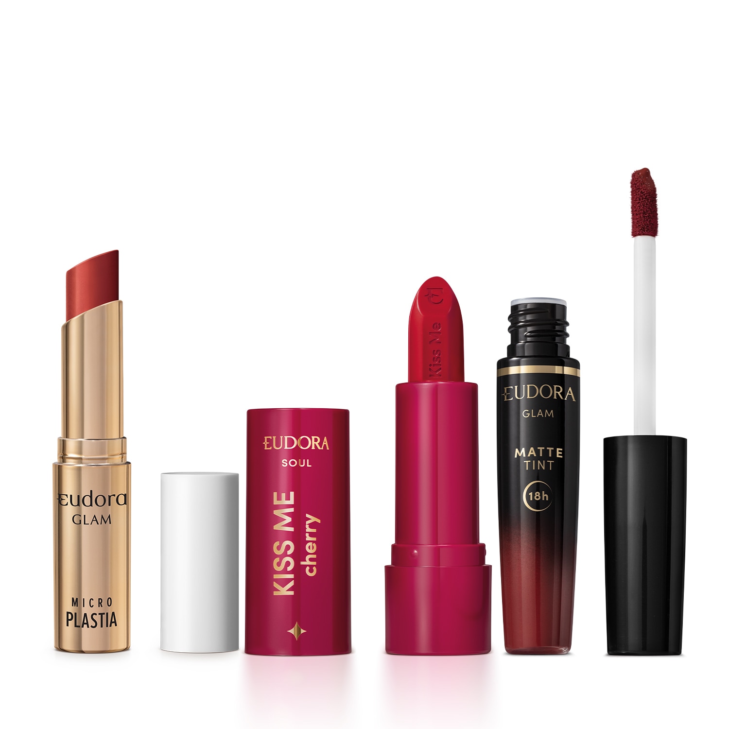 Combo Batom Kiss Me Glam: Glam Microplastia Vermelho Ruby 3,3g + Glam Mate Tint Bordô Intenso 4ml + Kiss Me Mate Cherry Vermelho Viciante 3,7g