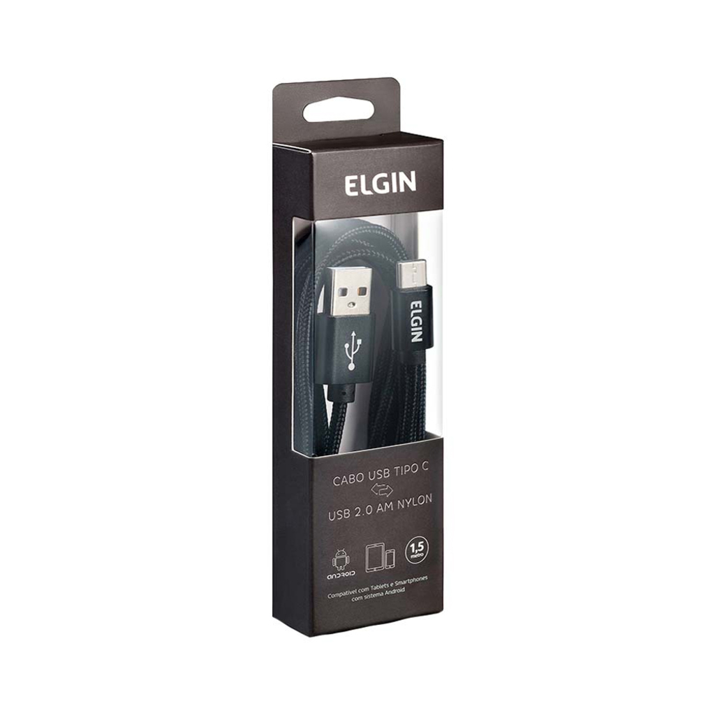 Cabo USB A-Macho - Type-C 1,5 Metros 2.0A Nylon Preto Elgin - 46RCTCNYPDS