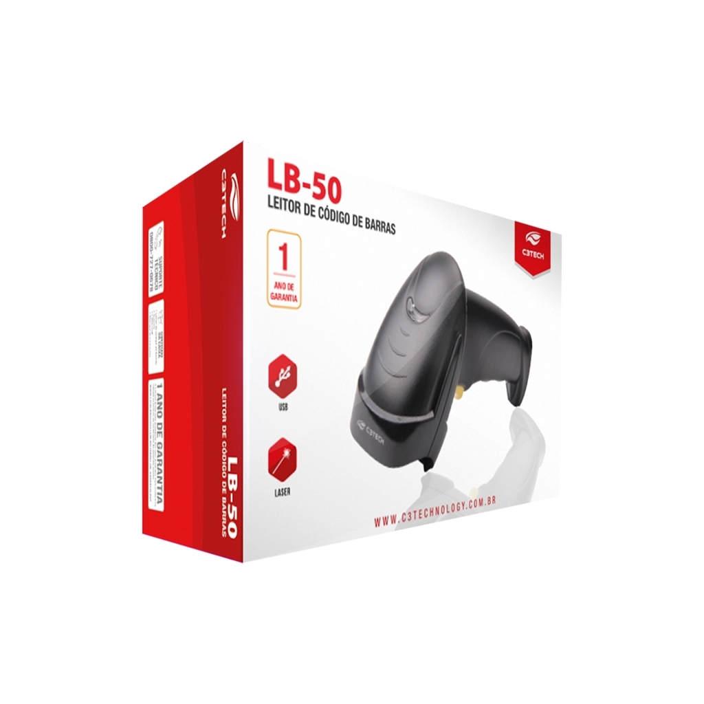 Leitor de Código de Barras Laser de Mão com Pedestal C3Tech LB-50BK USB - lê Nota Fiscal Eletrônica Boleto Bancário