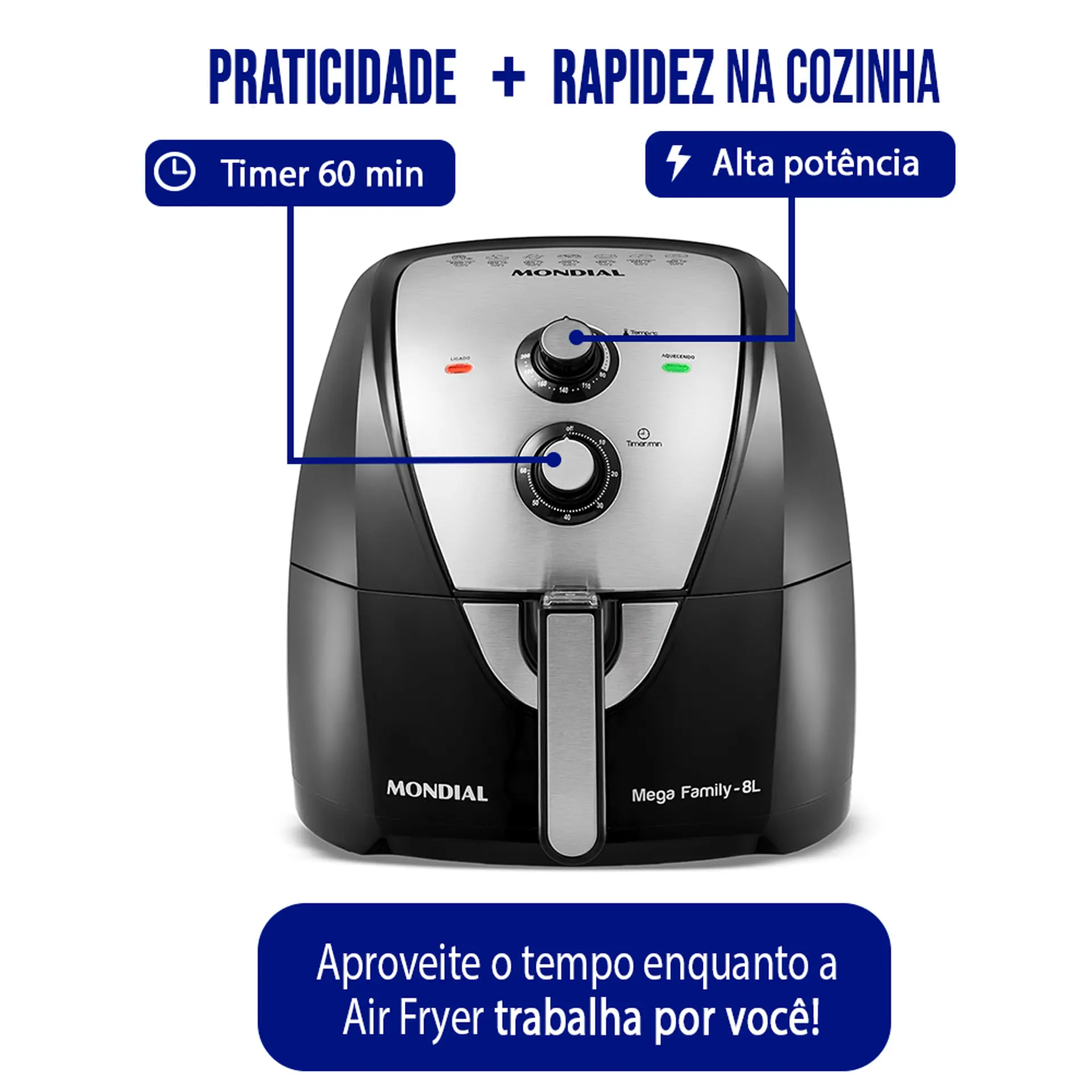 Fritadeira Elétrica Air Fryer Mondial Mega Family AFN-80-BI 8L 1900W Timer - Preto/Inox - 110 Volts