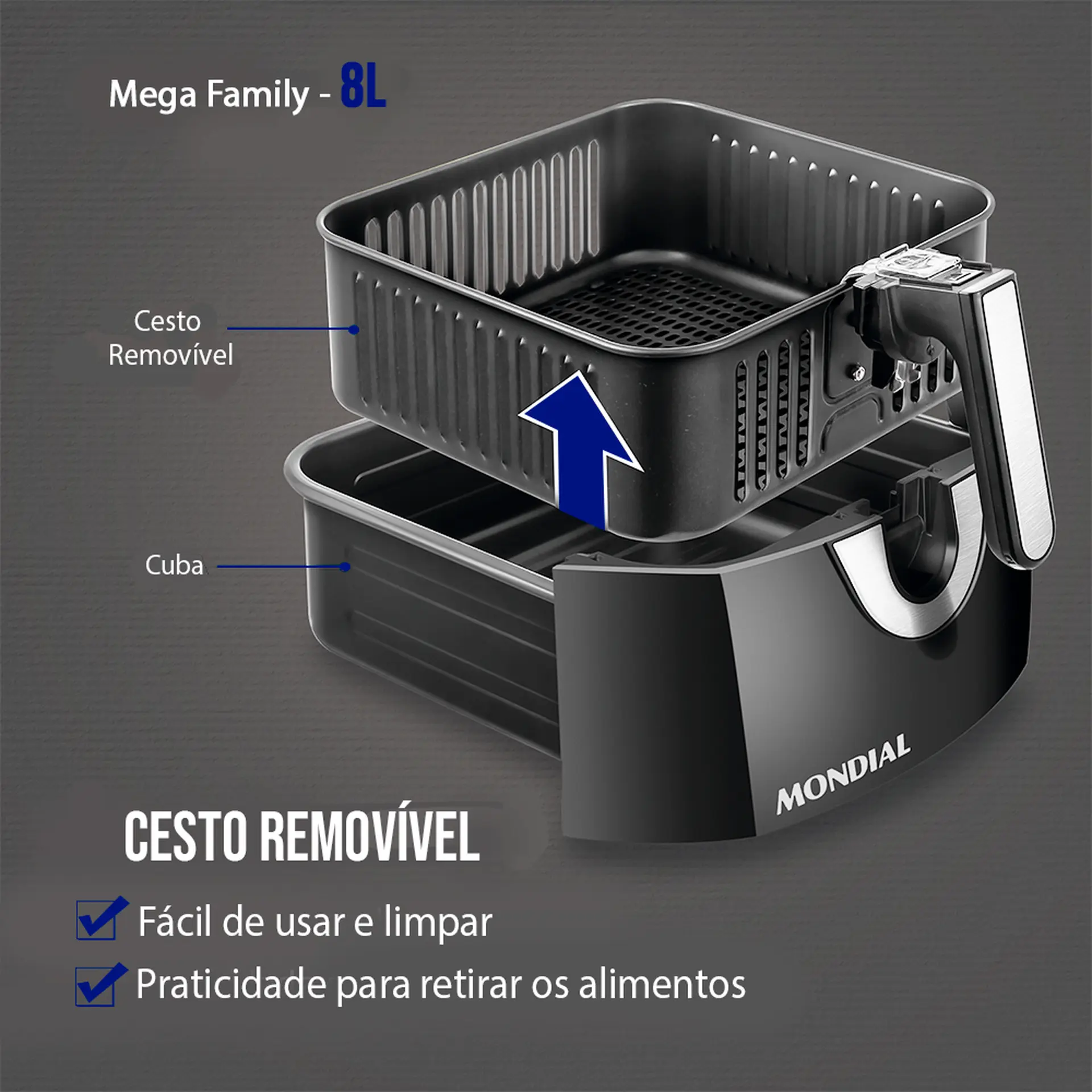 Fritadeira Elétrica Air Fryer Mondial Mega Family AFN-80-BI 8L 1900W Timer - Preto/Inox - 110 Volts