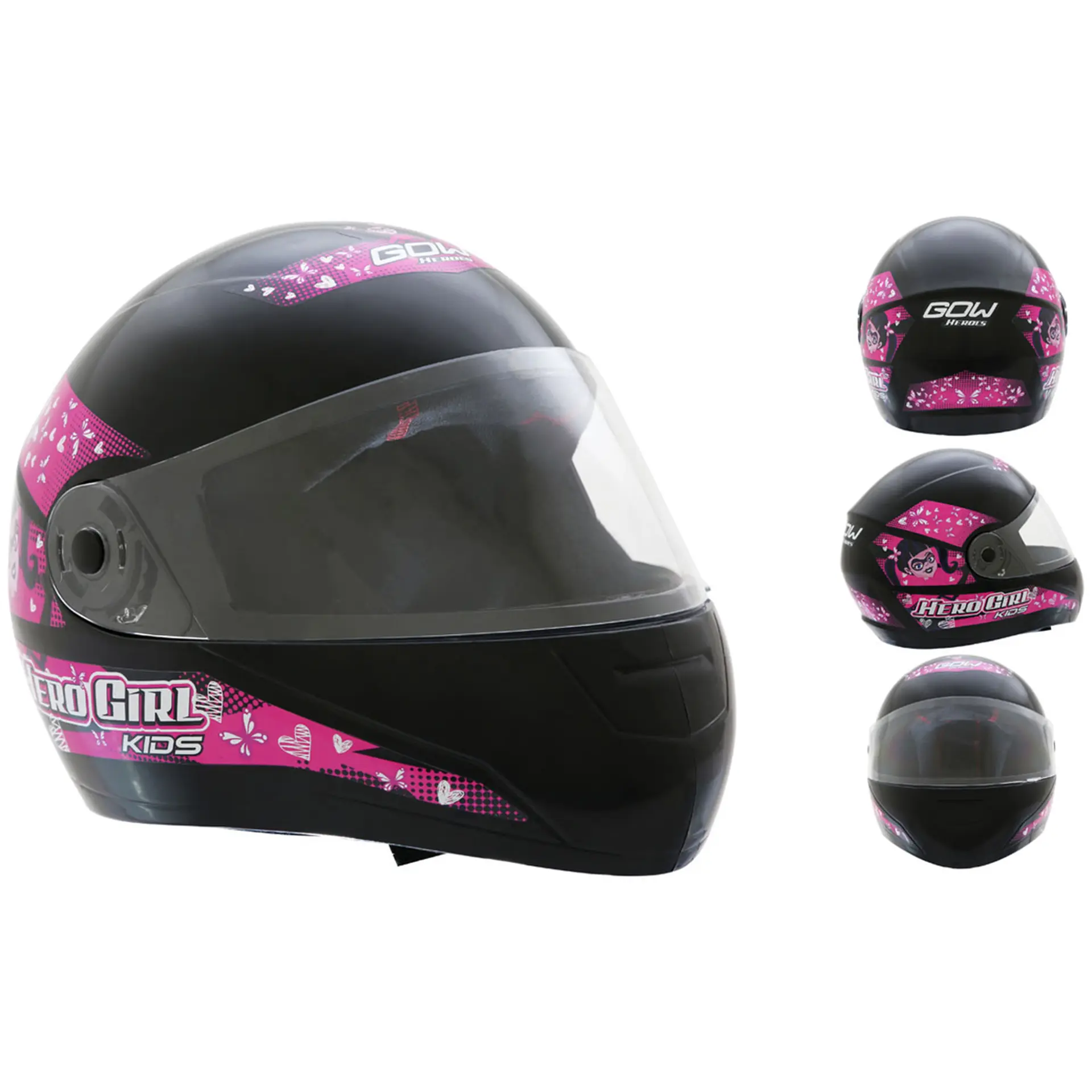 Capacete de Moto Infantil Fechado 54 Gow Hero Girl com Engate Micrométrico - Preto/Rosa