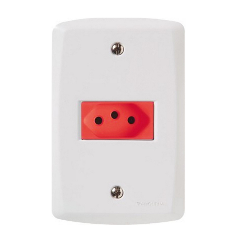 Tomada 2 Pinos + Terra 20A Lux2 com Espelho 4x2 Branco Tramontina e Vermelho - 57145/015 - 134258