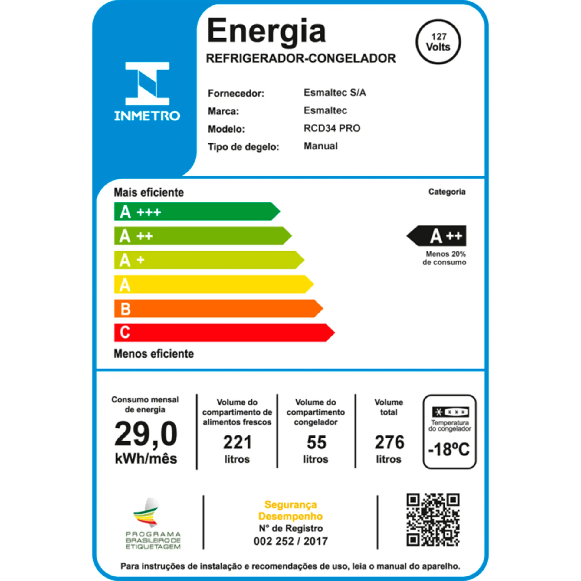 Geladeira Esmaltec 276L Cycle Defrost Inverter RCD34 Pro - Branco - 110 Volts