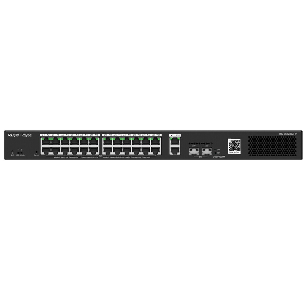 Switch PoE+ Gerenciável L2 Ruijie | Reyee RG-ES228GS-P 24 Portas Gigabit +2 SFP