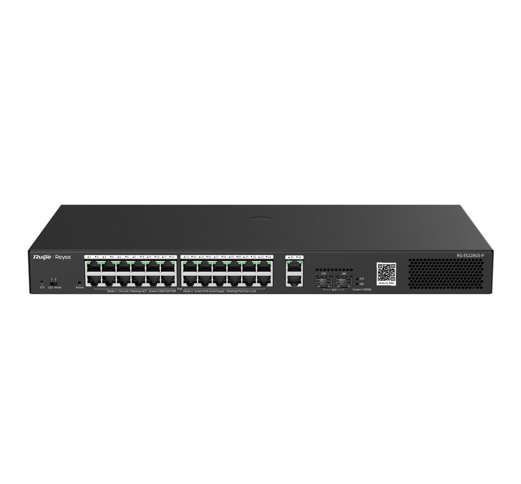 Switch PoE+ Gerenciável L2 Ruijie | Reyee RG-ES228GS-P 24 Portas Gigabit +2 SFP