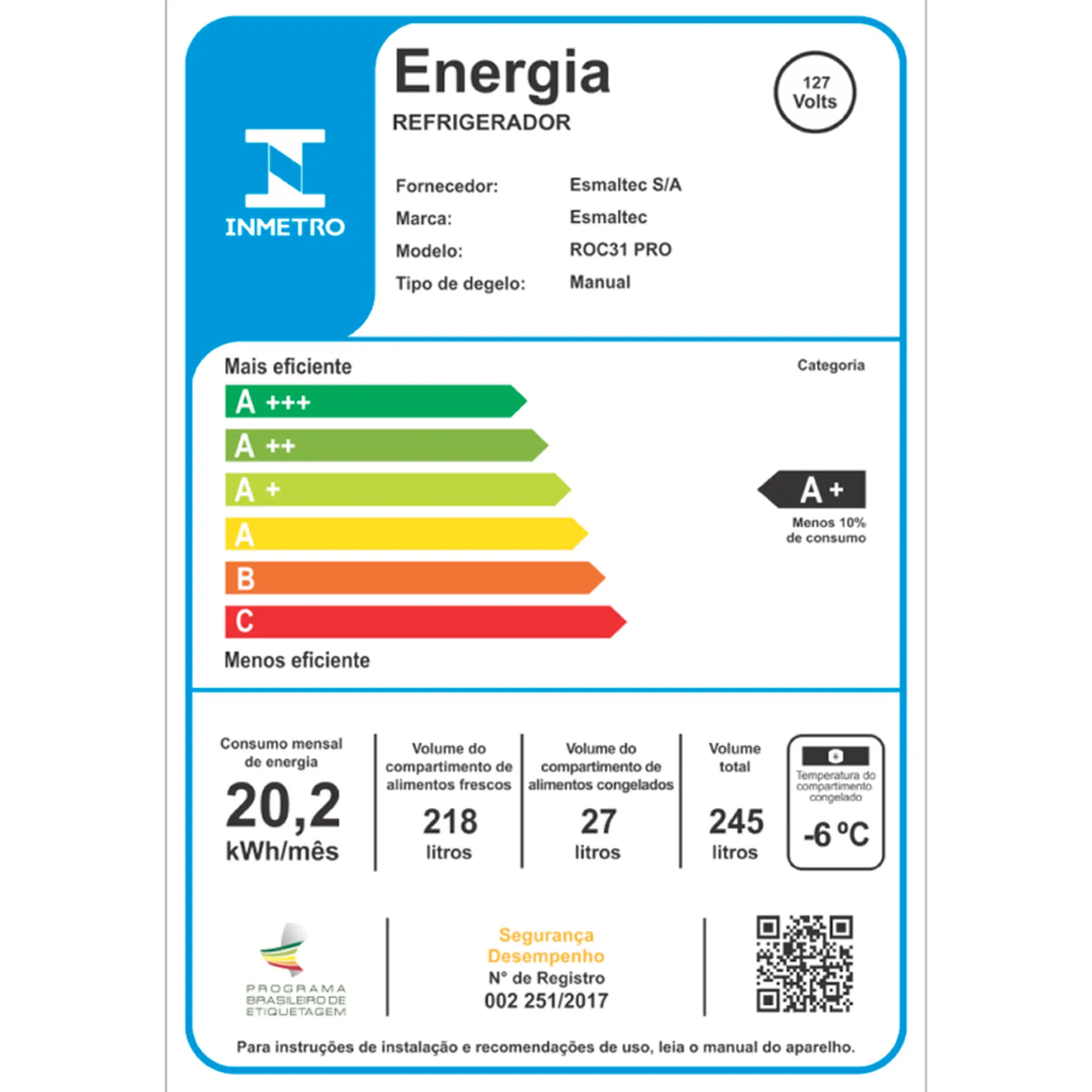 Geladeira Esmaltec 245L Cycle Defrost Inverter ROC31 Pro - Branco - 110 Volts