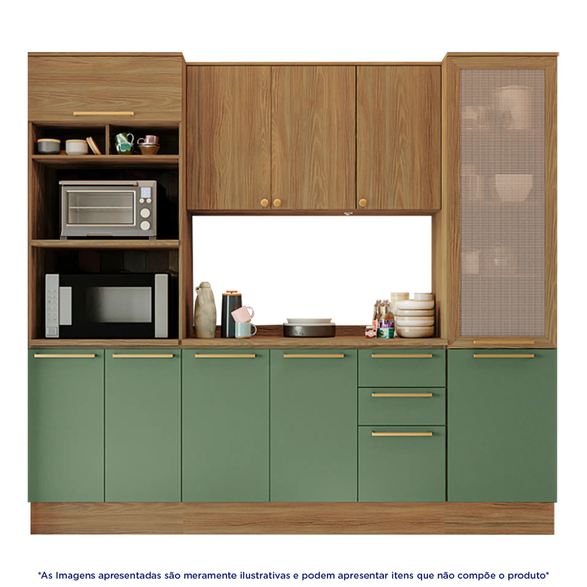 Cozinha Completa Modulada 4 Peças 10 Portas 3 Gavetas MDP Botanic Kappesberg - Nog. Fosco/Verde Oliva